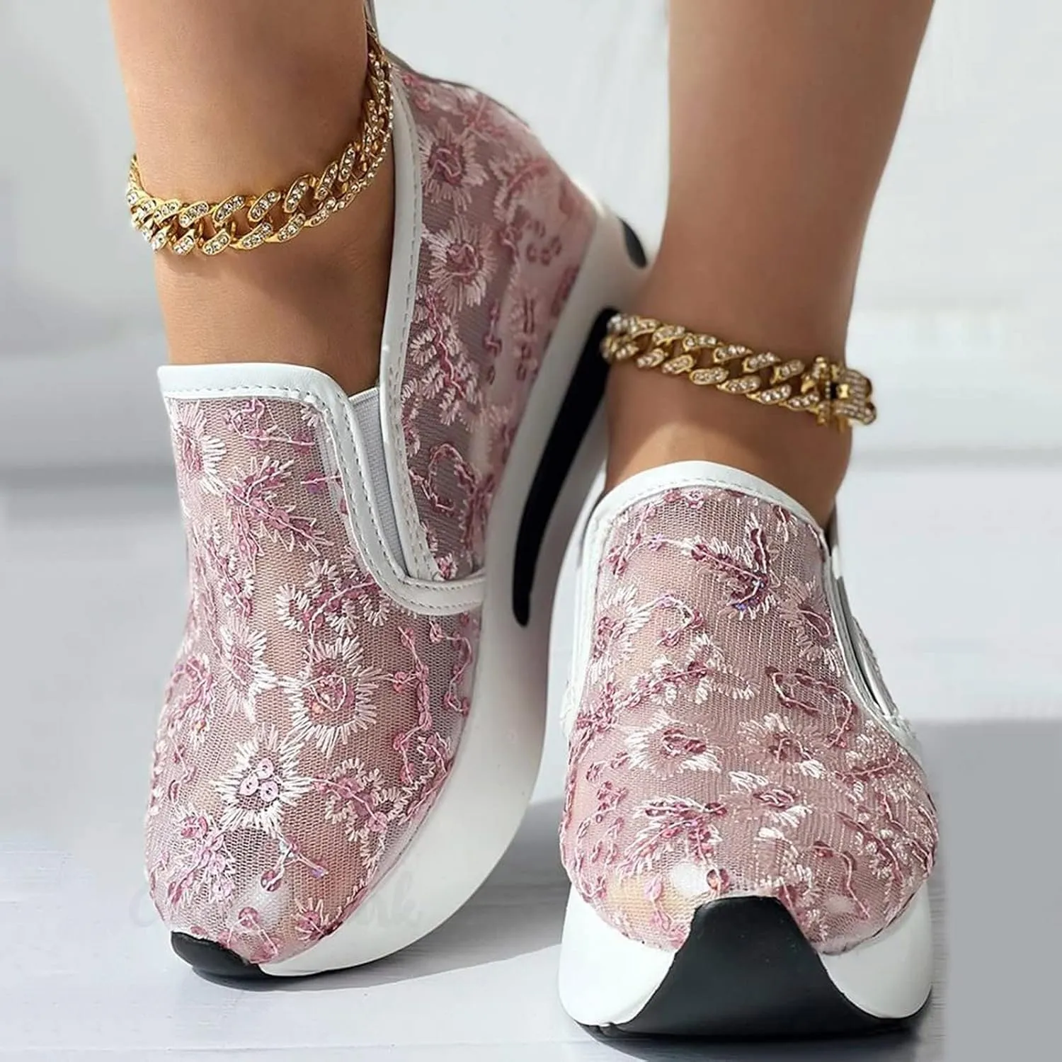 ZBYY Platform Wedge Sneakers for Women Mesh Air Comfort Chunky Hidden High Heels Slip On Loafers Breathable Walking Shoes