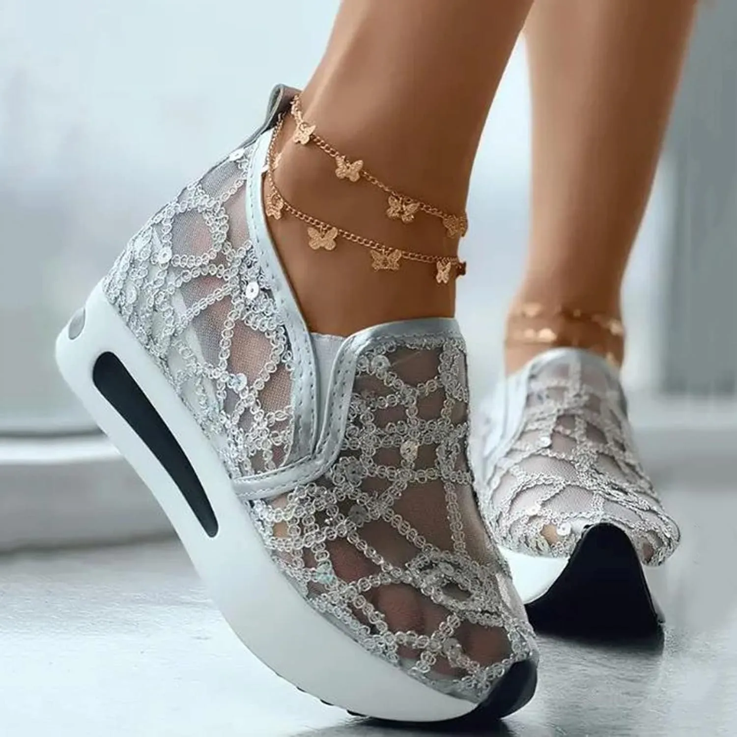 ZBYY Womens Breathable Loafers,Sequins Mesh Platform Shoes Hidden Wedge Heel High Top Sparkly Casual Sneakers Dressy