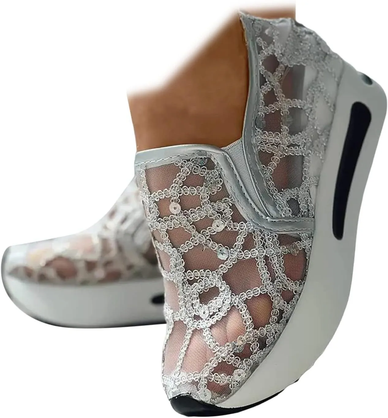 ZBYY Womens Breathable Loafers,Sequins Mesh Platform Shoes Hidden Wedge Heel High Top Sparkly Casual Sneakers Dressy
