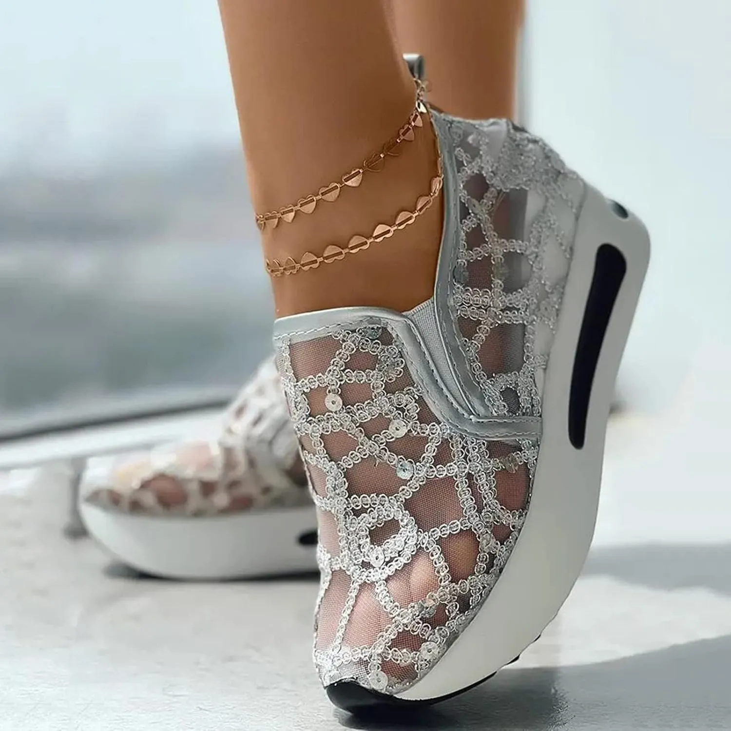 ZBYY Womens Breathable Loafers,Sequins Mesh Platform Shoes Hidden Wedge Heel High Top Sparkly Casual Sneakers Dressy