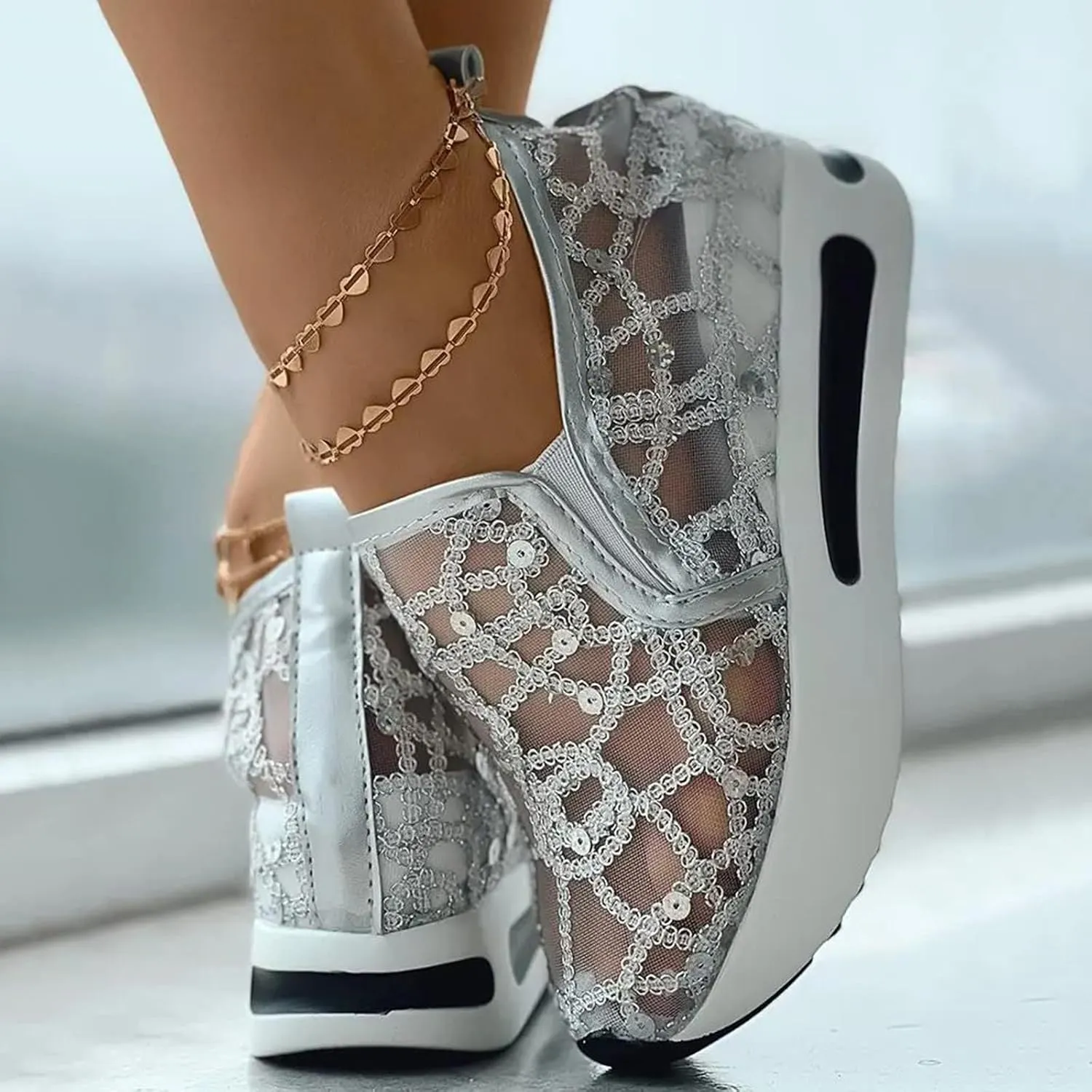 ZBYY Womens Breathable Loafers,Sequins Mesh Platform Shoes Hidden Wedge Heel High Top Sparkly Casual Sneakers Dressy