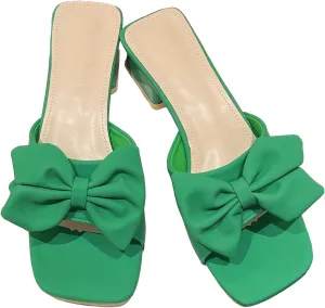 Zeberfi Women's Bow Tie Chunky Heel Sandals Fashion Cute Open Square Toe Slip On Low Block Heel Slide Sandals Summer Wedding Dress Shoes Pumps