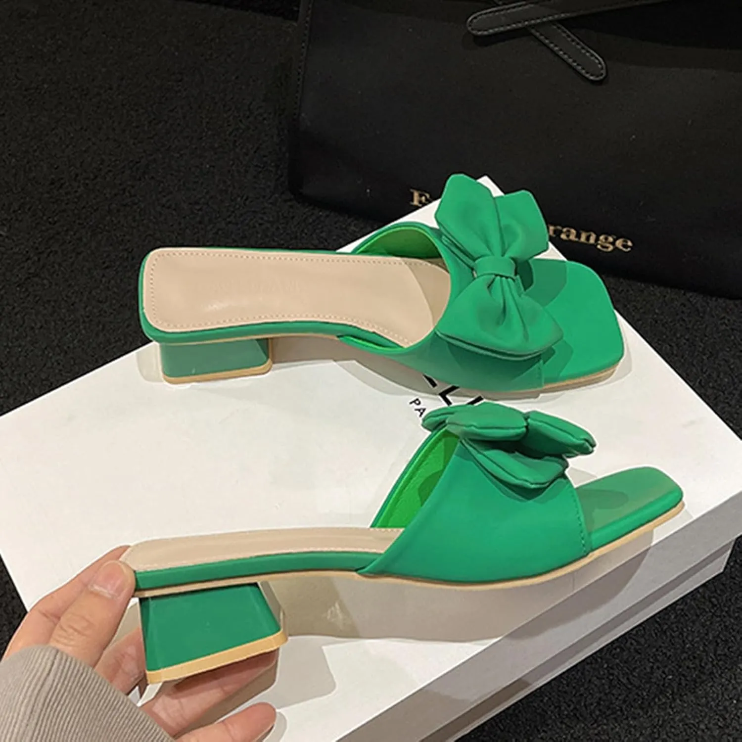 Zeberfi Women's Bow Tie Chunky Heel Sandals Fashion Cute Open Square Toe Slip On Low Block Heel Slide Sandals Summer Wedding Dress Shoes Pumps